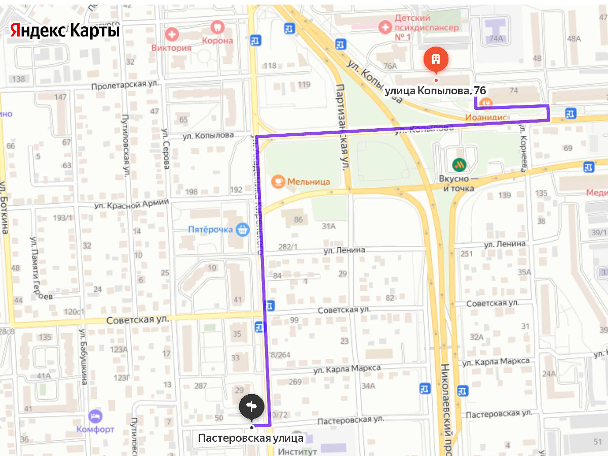 Схема проезда к школе-интернату от ул. Копылова, д. 76